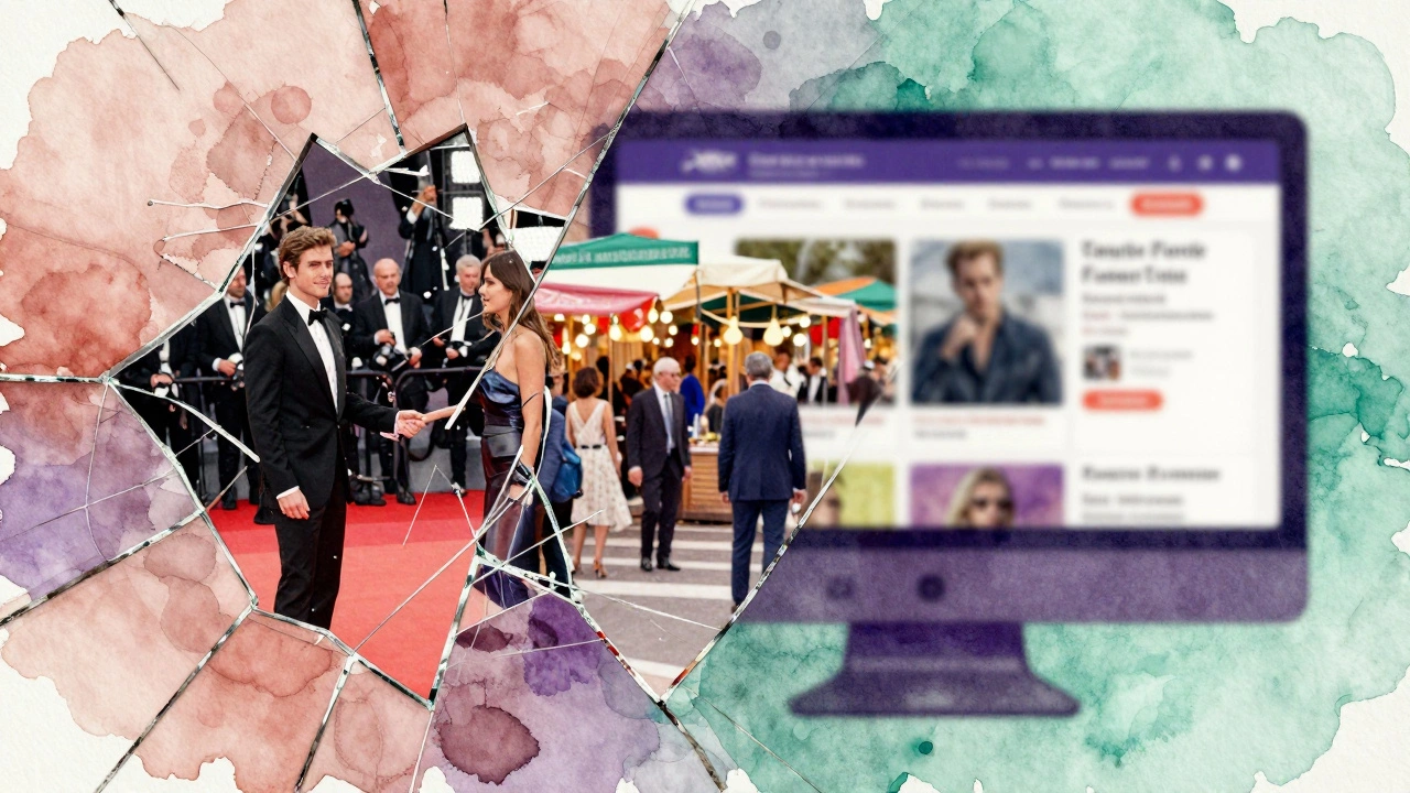 A fractured mirror reflects Cannes&#039; glamour, local life, and deceptive online ads, symbolizing illusion versus reality.