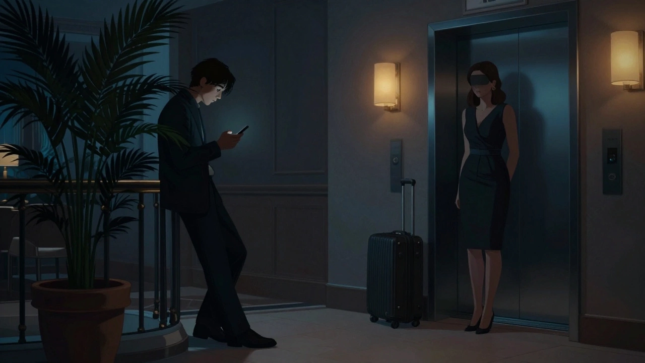 A nervous man waits in a hotel lobby as a woman stands nearby, tension evident in the dim, cinematic lighting of Cannes.