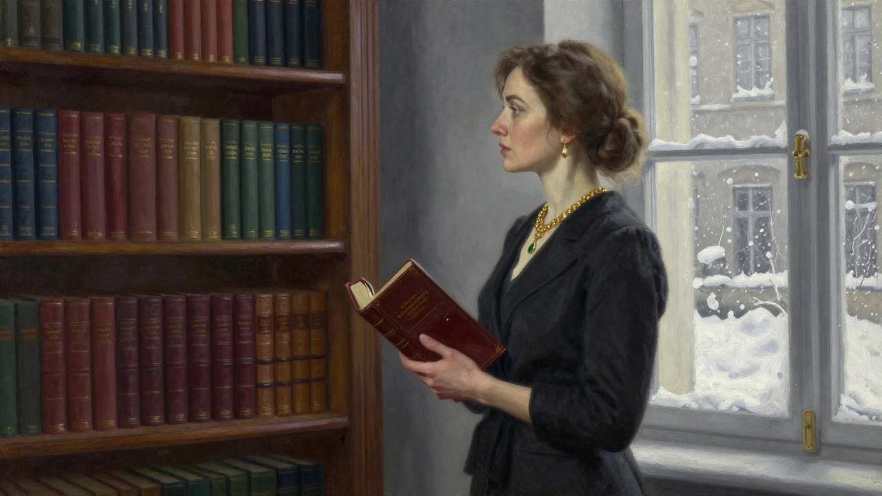 A poised Russian woman stands in a Vienna library, holding a book by candlelight.