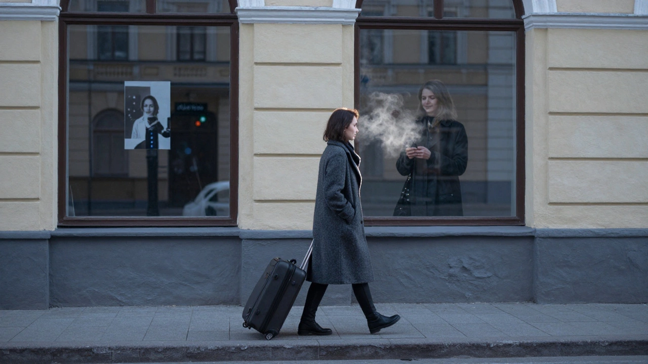 A Russian woman walks alone at dawn in Moscow, suitcase beside her, snow falling softly.
