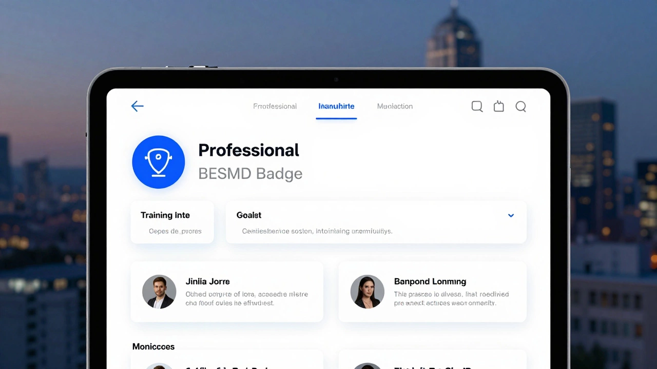 Digital profile showing a verified badge with training details, viewed on a tablet against a cityscape at dusk.