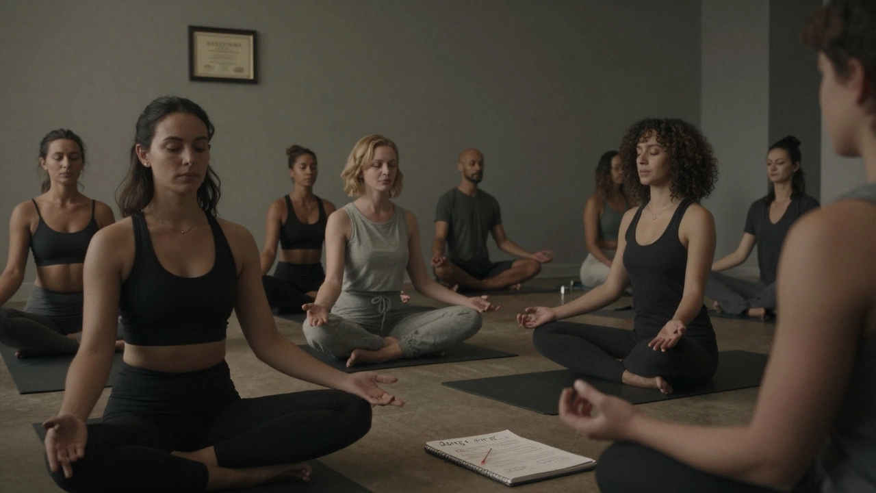 Diverse people in a serene studio, one practitioner offering grounding support, with consent notes and certificates visible.
